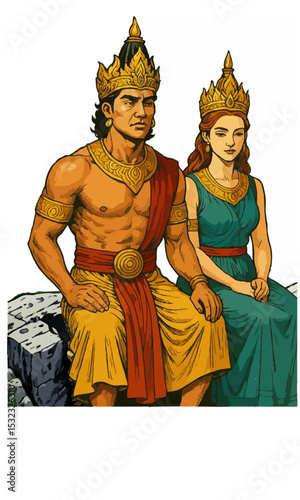 Two mythological characters in regal attire from ancient epics.