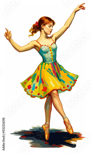 A young ballerina dancing joyfully in a bright dress, expressing lively movement.