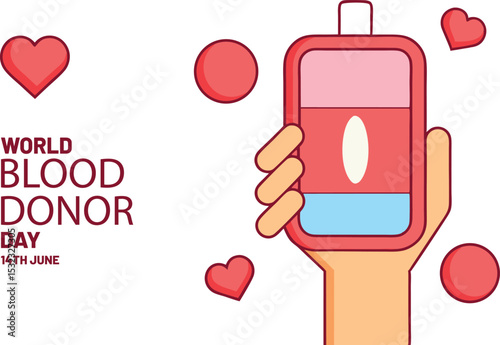 World blood donor day illustration depicting a blood bag in hand with hearts june celebration