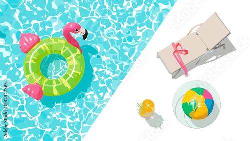 Top view of relaxing summer pool scene with green flamingo float, sunbed, sunglasses and tropical drink