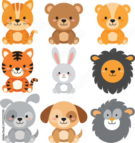 Cute cartoon animal character set: lion, tiger, wolf, cat, dog, bear and rabbit.