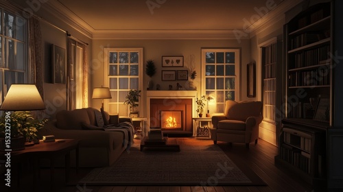 Cozy living room at night, fireplace glowing, windows overlooking a dark forest