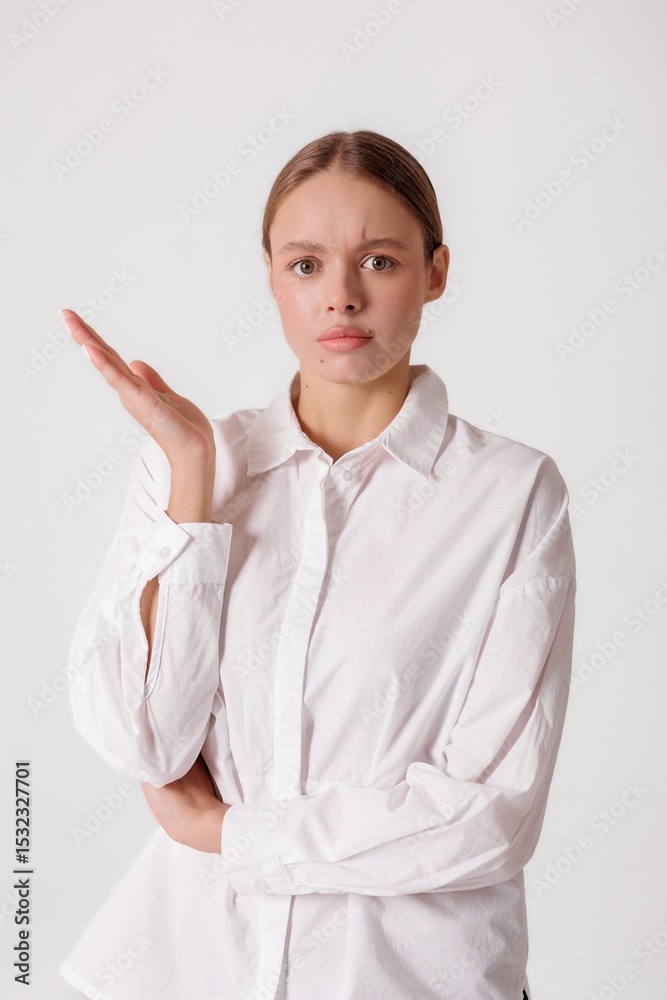 Concerned young woman expressing confusion while gesturing with her hand in a studio setting Concerned young woman expressing confusion while gesturing with her hand in a studio setting