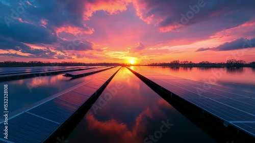 Stunning twilight sky reflects on a floating solar farm with silky water, capturing a neon-lit horizon that symbolizes renewable energy innovation and serene environmental beauty.