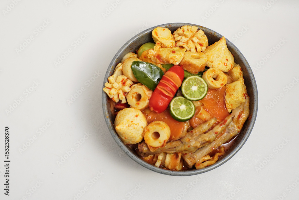 Φωτογραφία Spicy Indonesian seblak with chicken feet, tofu, sausage, crackers, lime, and vegetables in chili broth