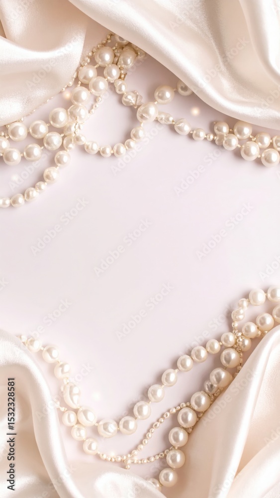 Obraz premium Elegant pearl necklace display on soft satin fabric jewelry photography romantic atmosphere close-up view