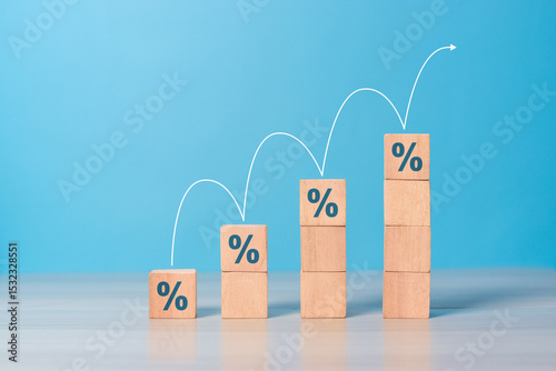 Percentage growth. Increase in financial interest rate, sales increase, mortgage or taxes. percent growth. Wooden stairs with increasing percentage icons