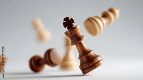 Light wooden chess pieces in dynamic motion on neutral background.