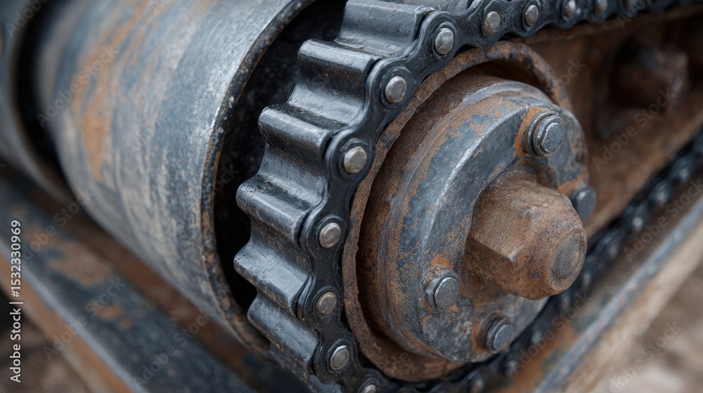 Heavy machinery track chain showcases rust and wear, illustrating the rigors of construction work at a job site during daytime hours. This close-up highlights essential equipment components Heavy machinery track chain showcases rust and wear, illustrating the rigors of construction work at a job site during daytime hours. This close-up highlights essential equipment components