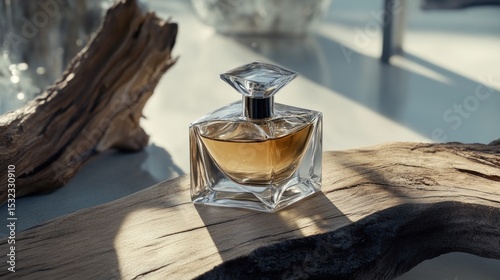 Amber perfume bottle on driftwood, sunlight, elegant interior