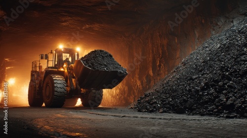 A large excavator operates in a dimly lit underground mine, moving a load of coal. The machinery's lights illuminate the dark surroundings as it performs essential mining tasks