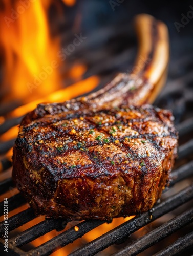 A thick ribeye steak sizzles on the grill as flames flicker around it, creating an enticing aroma and a mouthwatering crust. A culinary delight preparing for a summer feast