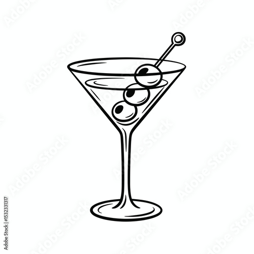 Martini cocktail with olives line art illustration