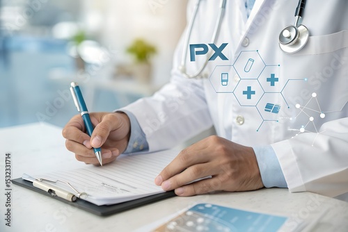 Doctor writing on paper with digital prescription interface. Concept of electronic medical record, e-prescription, healthcare innovation, and modern telemedicine technology
