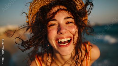 Portrait of a joyful young woman laughing while wearing a straw hat, enjoying a carefree moment on the beach at sunset