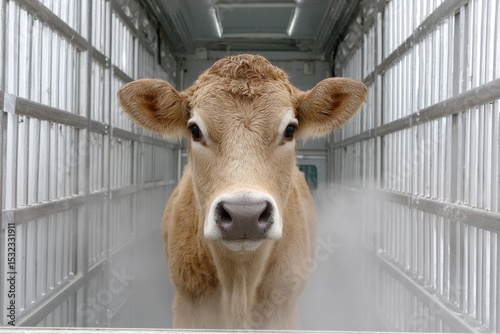 Light brown calf stands in a misty metal trailer, looking directly at the camera, unafraid.