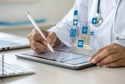 Doctor writing on paper with digital prescription interface. Concept of electronic medical record, e-prescription, healthcare innovation, and modern telemedicine technology