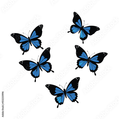 Collection of Five Simple Blue and Black Butterfly Vectors - Stylized Insect Group for Design and Nature Concepts