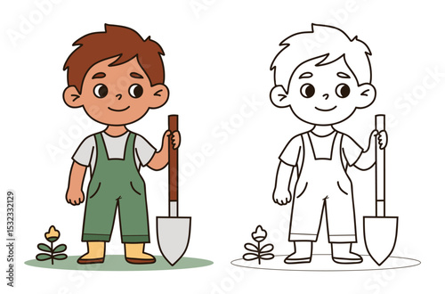 Cute boy Gardening in overalls with Shovel. Male Kid farmer character set. Isolated Color and Outline linear hand drawing. Vector illustration