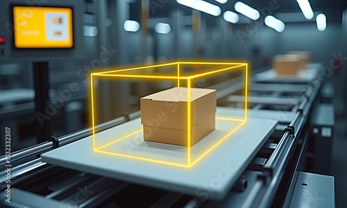 Wallpaper Mural Cardboard box detected on conveyor with digital scan frame overlay. Torontodigital.ca