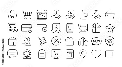 A collection of thirty six unique line art icons related to online shopping and e commerce transactions