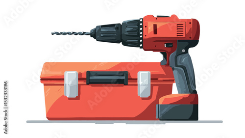 A digital illustration showcases a vibrant red cordless drill positioned slightly to the right, angled to the upper right.  The drill features a detailed rendering of its metallic drill bit