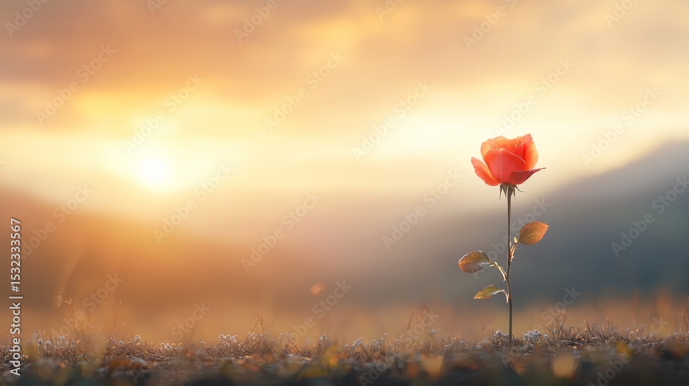 Fototapeta premium Beautiful sunrise over a single red rose nature photography serene landscape close-up symbol of hope