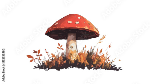 A digital painting or watercolor illustration depicting a fly agaric mushroom (Amanita muscaria) set against a stark white background. The mushroom is rendered with a high level of detail