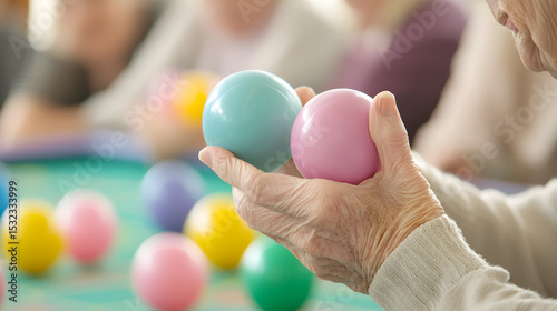 An elderly person holds two colorful bocce balls during a game, with more balls scattered on a green playing surface in the background.