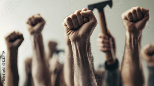 Raised fists symbolize unity, strength, and protest, with one person holding a hammer in the background.