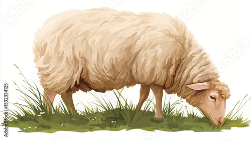 The image is a digital illustration of a single sheep grazing in a pasture. The sheep is depicted in profile view, facing to the right of the frame. Its coat is a light cream or off-white color,