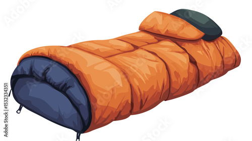 The image showcases a digitally rendered illustration of a sleeping bag.  The sleeping bag is predominantly orange with navy blue accents at the footbox. It features a distinct rectangular shape