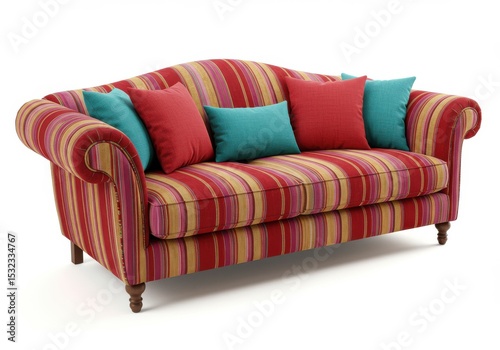 Striped sofa with colorful cushions in a living room setting