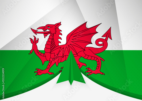 Wales Flag with Abstract Paper Airplane Design, National Flag in a geometric folded paper style.