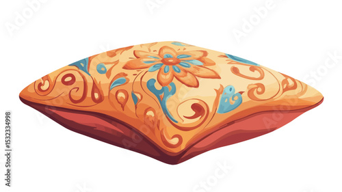 A digital illustration of a decorative pillow cushion. The pillow is depicted in a slightly three-quarter perspective, showcasing its shape and design details.  The pillow's fabric appears to be a