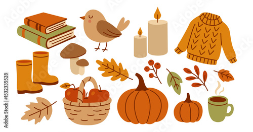 Autumn Season. Bird, Basket with Apples, Candles, warm knitted Sweater, Coffee, Pumpkins, Mushrooms, Rubber Boots, Books. October forest. Collection of fall elements in Hand drawn style