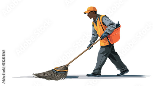 The image is a digitally created illustration depicting a full-length view of a male street cleaner. The style is realistic with soft shading and subtle textures applied to suggest fabric and broom