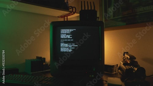 Retro terminal displays boot sequence with dim VHS camcorder and moody side light, error 503 unable to locate resource, network failure
