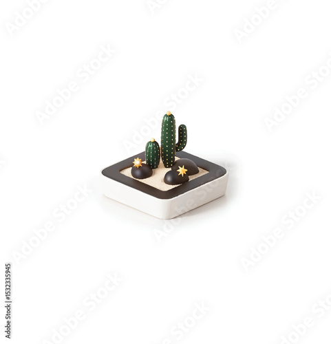 Stylish black cactus sculpture with pink flowers on a modern base – perfect for interior design, decoration, and summer-themed visuals.