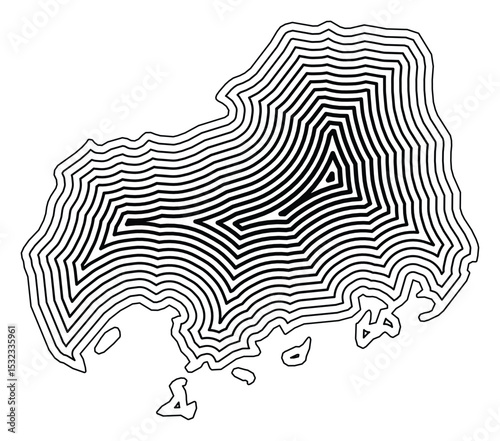 Symbol Map of the Prefecture Hiroshima (Japan) showing the state border buffered inside with black tapering lines