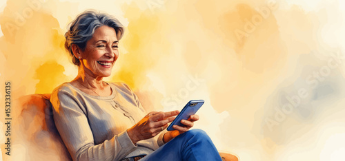 Watercolor-Style Vector Illustration of a Happy Senior Woman Relaxing on Couch Using Smartphone – Chatting, Texting, Social Networking, Browsing Apps, and Online Shopping at Home.
