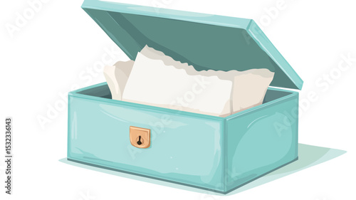 A digital illustration depicts a rectangular tissue box rendered in a soft teal or turquoise hue. The box is depicted in a slightly elevated perspective, showcasing its open lid to partially reveal
