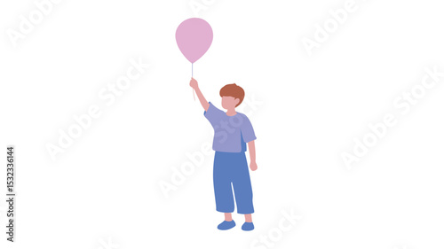 The image is a digital illustration depicting a young boy with short brown hair, wearing a light purple short-sleeved shirt and blue pants, holding a light pink balloon with his right hand. 