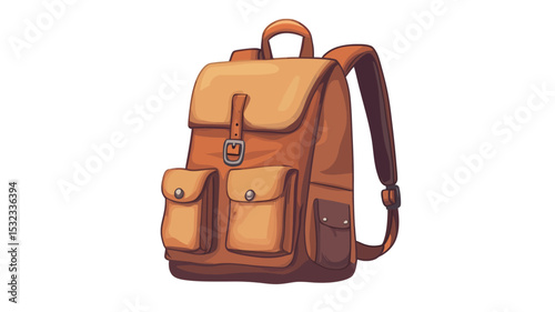 A digital illustration of a vintage-style brown leather backpack. The backpack is depicted in a hand-drawn style, with visible texture and shading to simulate the look of real leather