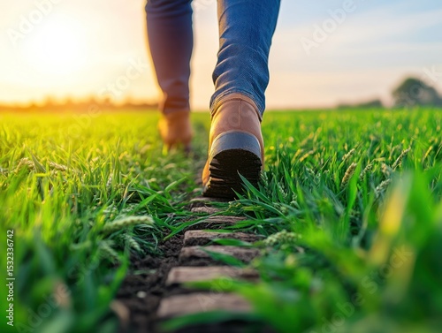 Person walking through a field at sunset