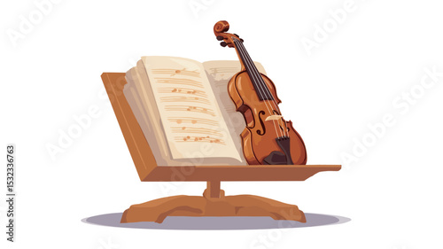 A digital illustration depicting a violin resting on a wooden music stand, alongside an open book displaying sheet music. The violin is rendered with detail showing its wood grain and varnish
