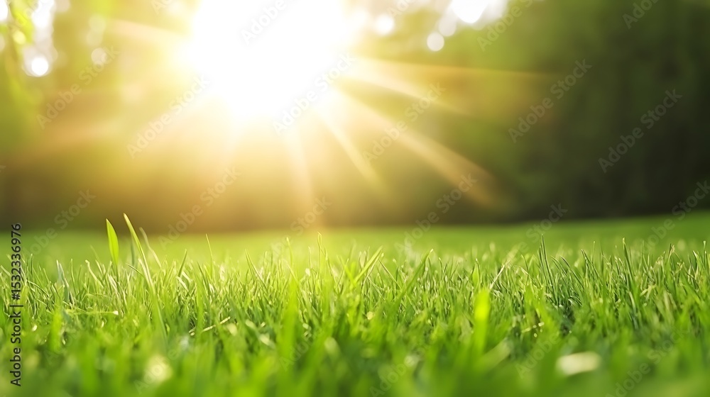 Fototapeta premium Vibrant Green Grass Meadow Sunlight Rays Background