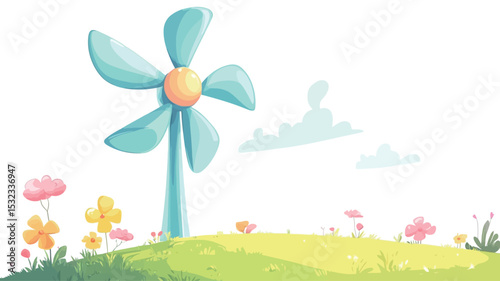 A digital illustration depicting a stylized, cartoonish windmill with light blue blades and a yellow-orange center, standing atop a gently sloping green hill.  The windmill is rendered with soft