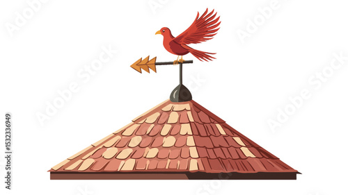 Close-up digital illustration of a red cardinal-shaped weather vane atop a conical roof. The roof is depicted with terracotta-colored tiles, showing variations in shade and texture suggesting age
