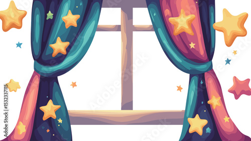 A digital illustration depicting a pair of curtains flanking a window. The curtains are rendered in a painterly style with a soft, slightly textured appearance.  One curtain is predominantly teal